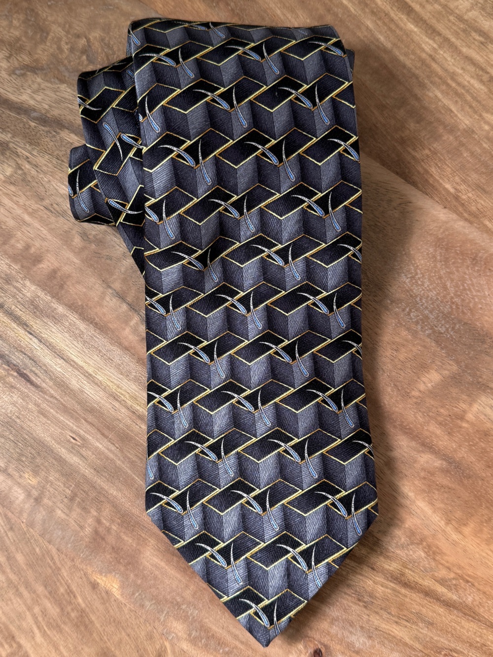 CHRISTIAN DIOR MONSIEUR Vintage Silk Tie Geometric Black Gold Blue